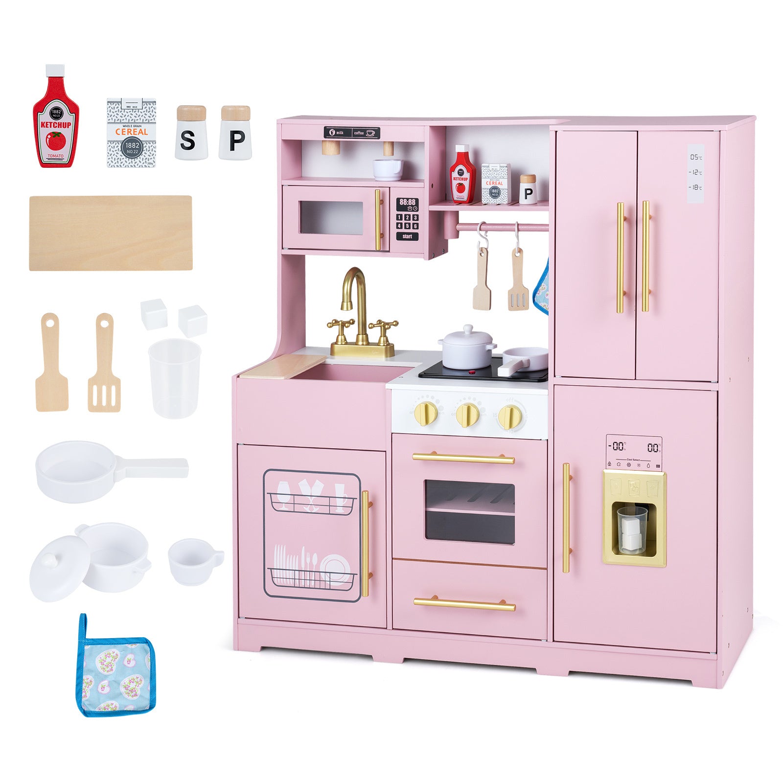 Costway Wooden Play Kitchen with Lights & Sounds and Sink Stove Oven for Kids Ages 3+-Pink