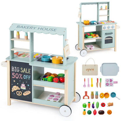 Green Wooden Play Kitchen With Oven Stove & Rolling Wheels