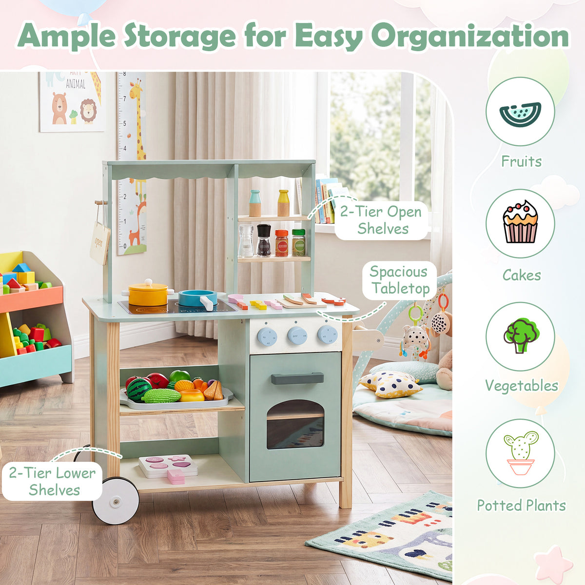 Green Wooden Play Kitchen With Oven Stove & Rolling Wheels