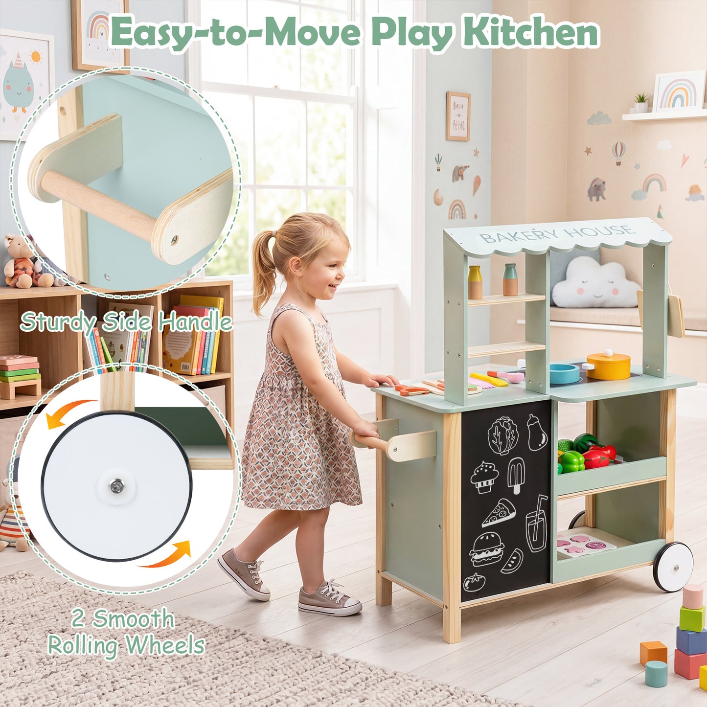 Green Wooden Play Kitchen With Oven Stove & Rolling Wheels