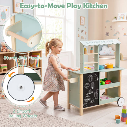 Green Wooden Play Kitchen With Oven Stove & Rolling Wheels