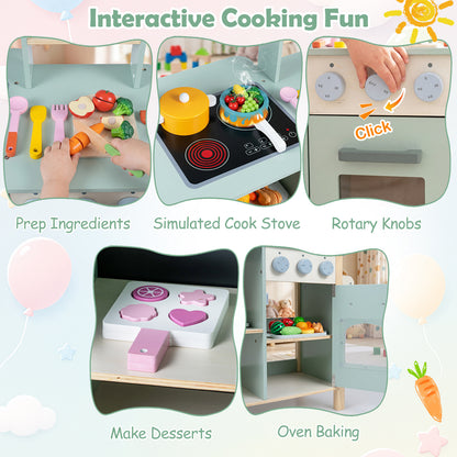 Green Wooden Play Kitchen With Oven Stove & Rolling Wheels