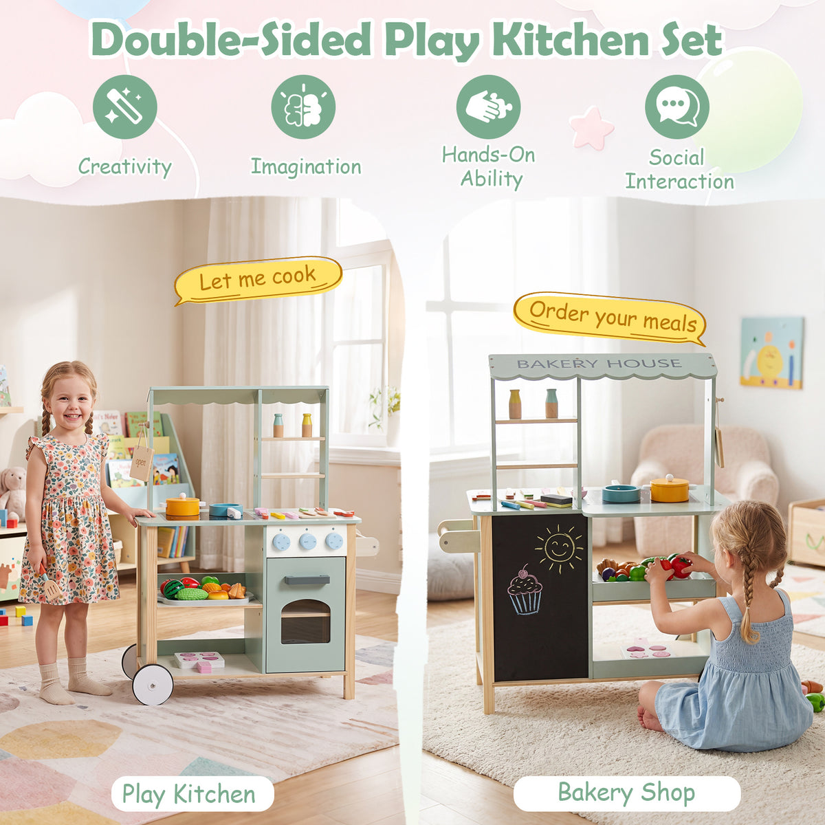 Green Wooden Play Kitchen With Oven Stove & Rolling Wheels