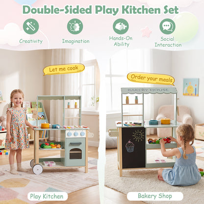 Green Wooden Play Kitchen With Oven Stove & Rolling Wheels