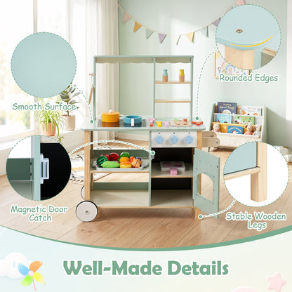 Green Wooden Play Kitchen With Oven Stove & Rolling Wheels