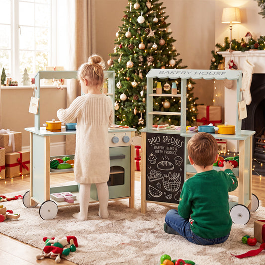 Costway Wooden Play Kitchen with Stoves Oven and Rolling Wheels for Kids 3+