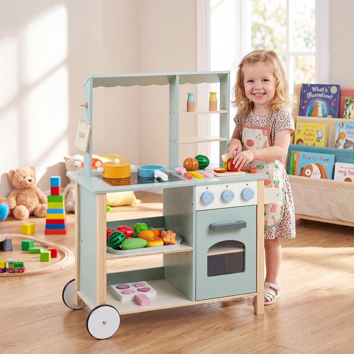 Green Wooden Play Kitchen With Oven Stove & Rolling Wheels