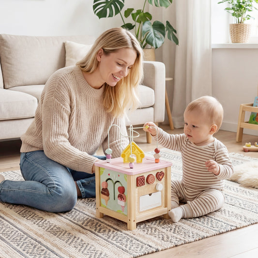 Multi-Color Wooden Activity Cube | 7 Games Bead Maze Storage