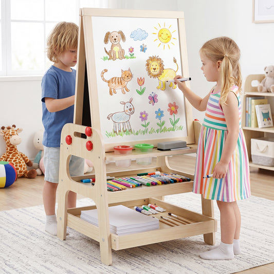Costway 2-in-1 Easel for Kids Wooden Art Easel with Magnetic Whiteboard and Marble Run-Natural
