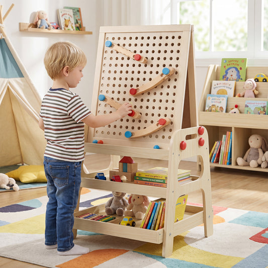 2 In 1 Natural Wooden Kids Easel | Whiteboard & Marble Run