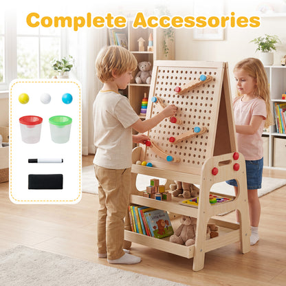 2 In 1 Natural Wooden Kids Easel | Whiteboard & Marble Run