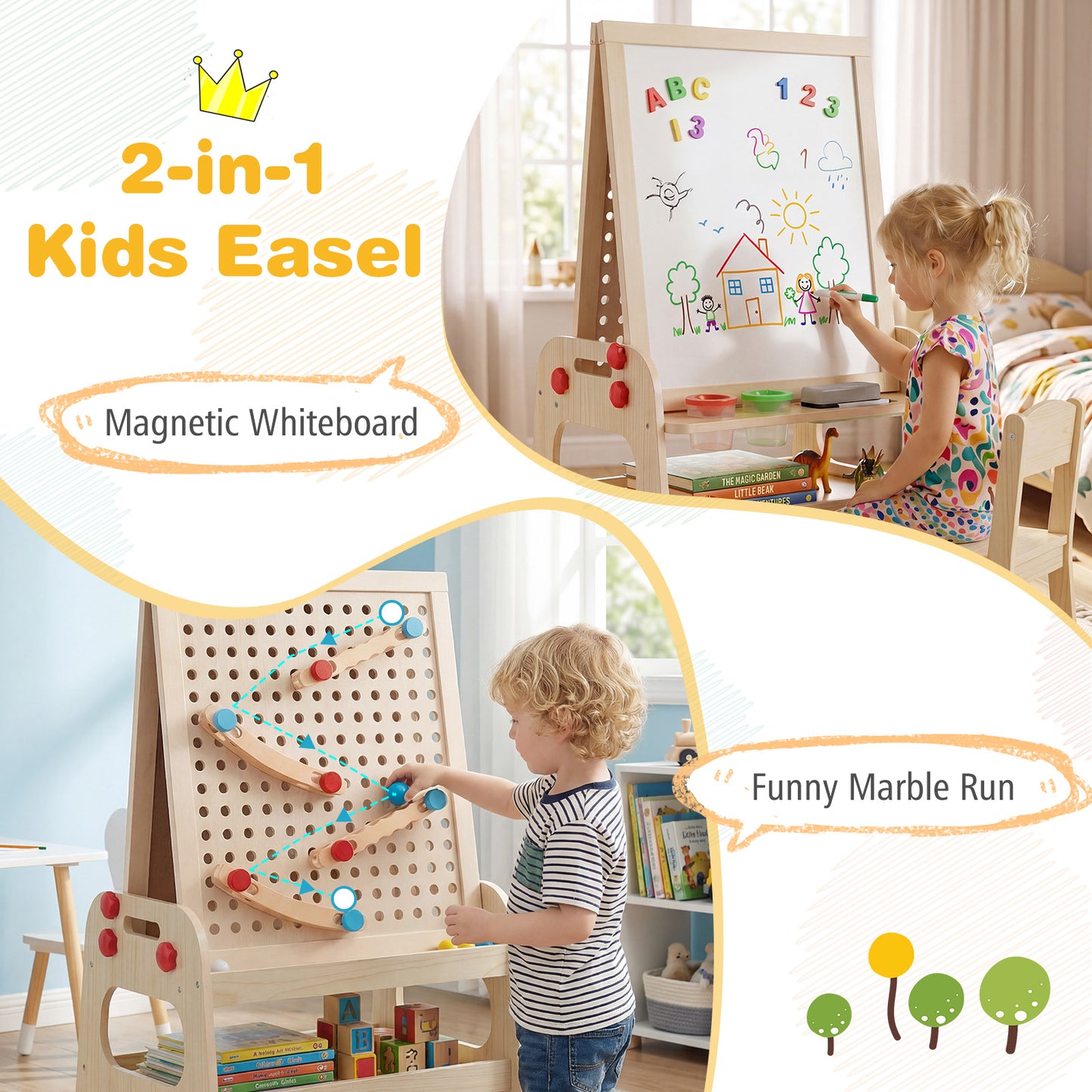 2 In 1 Natural Wooden Kids Easel | Whiteboard & Marble Run