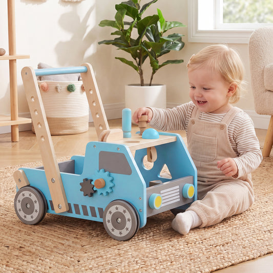 Costway 2-in-1 Wooden Baby Walker with Adjustable Speed and Bottom Storage-Blue