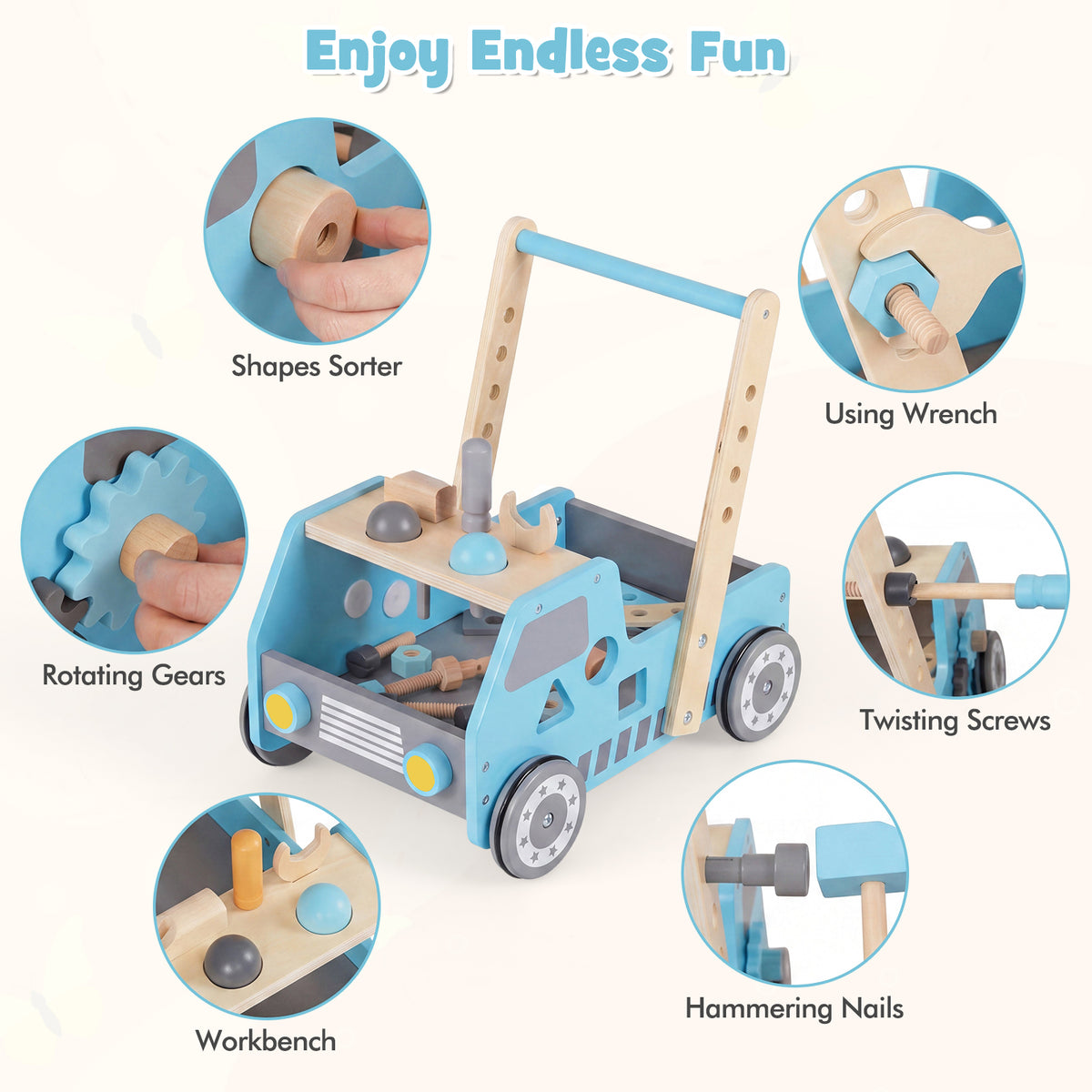 Blue 2-In-1 Wooden Baby Walker | Adjustable Speed & Storage