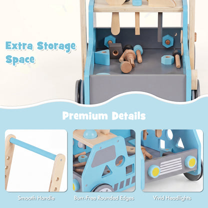 Blue 2-In-1 Wooden Baby Walker | Adjustable Speed & Storage