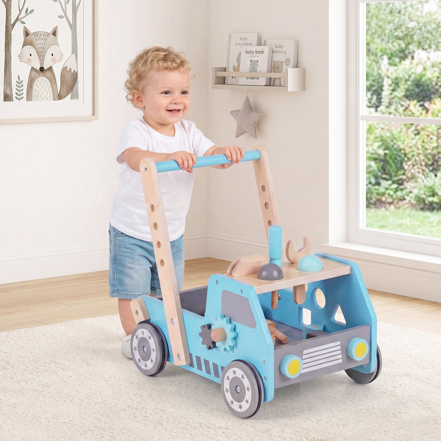 Blue 2-In-1 Wooden Baby Walker | Adjustable Speed & Storage