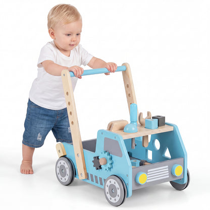 Blue 2-In-1 Wooden Baby Walker | Adjustable Speed & Storage