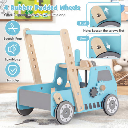 Blue 2-In-1 Wooden Baby Walker | Adjustable Speed & Storage