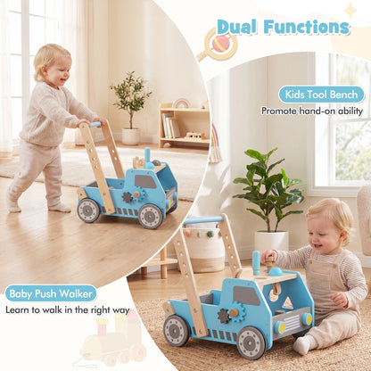 Blue 2-In-1 Wooden Baby Walker | Adjustable Speed & Storage