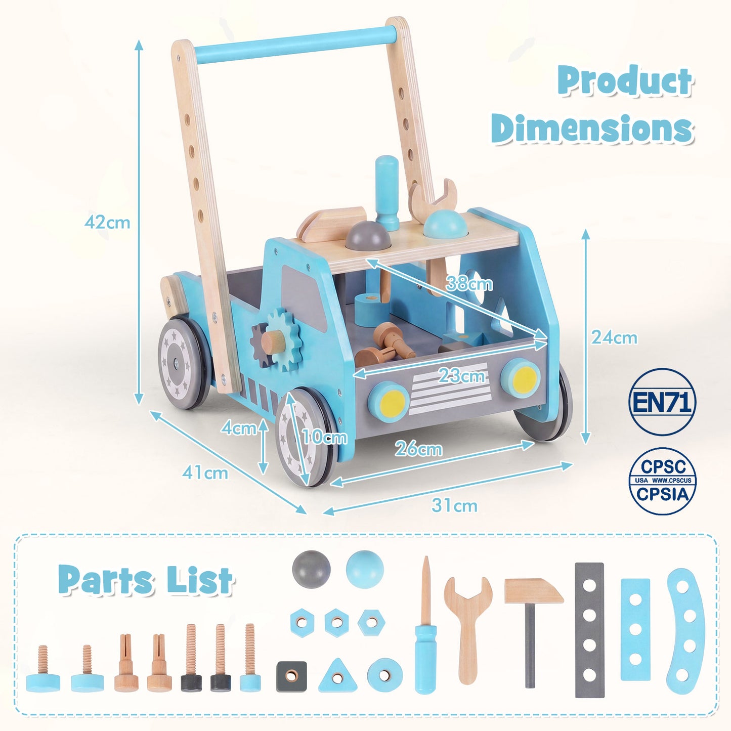 Blue 2-In-1 Wooden Baby Walker | Adjustable Speed & Storage