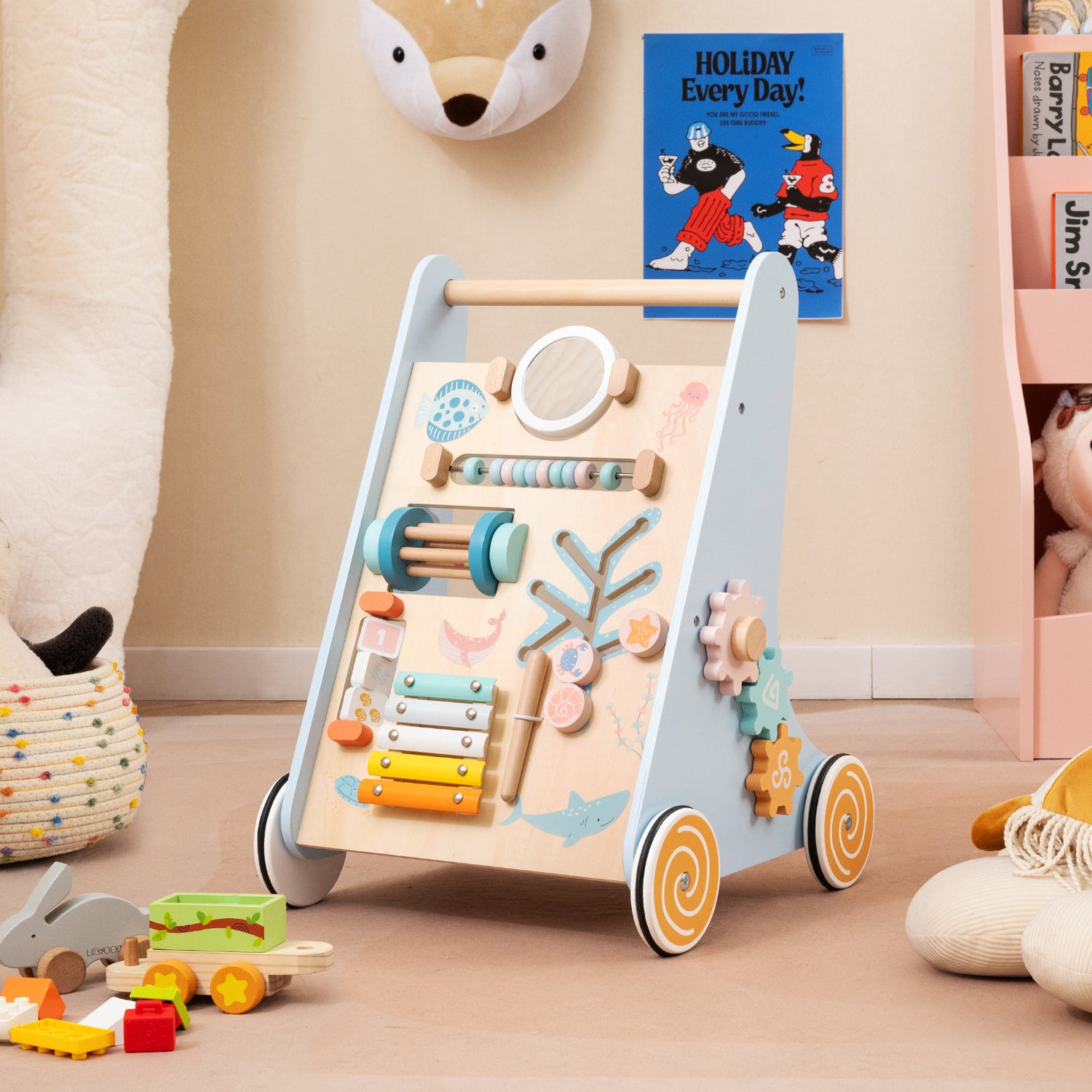 8-in-1 Wooden Baby Walker with Wheels for Toddlers 1+ Years Old-Blue