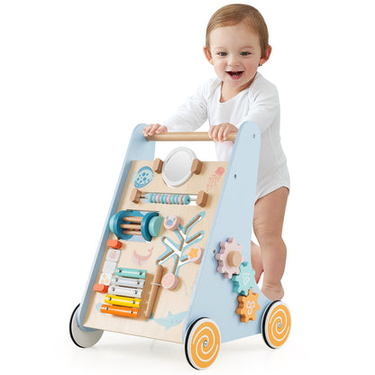 8-In-1 Blue Wooden Baby Walker | Activity Center With Wheels