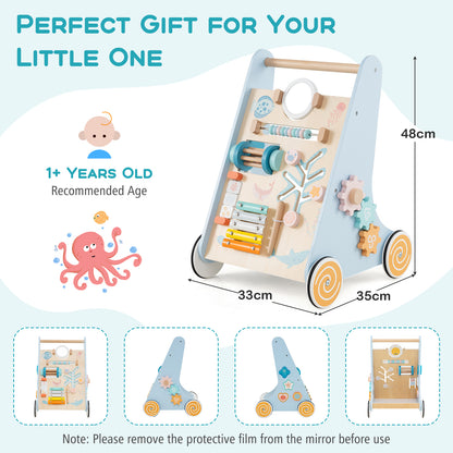 8-In-1 Blue Wooden Baby Walker | Activity Center With Wheels