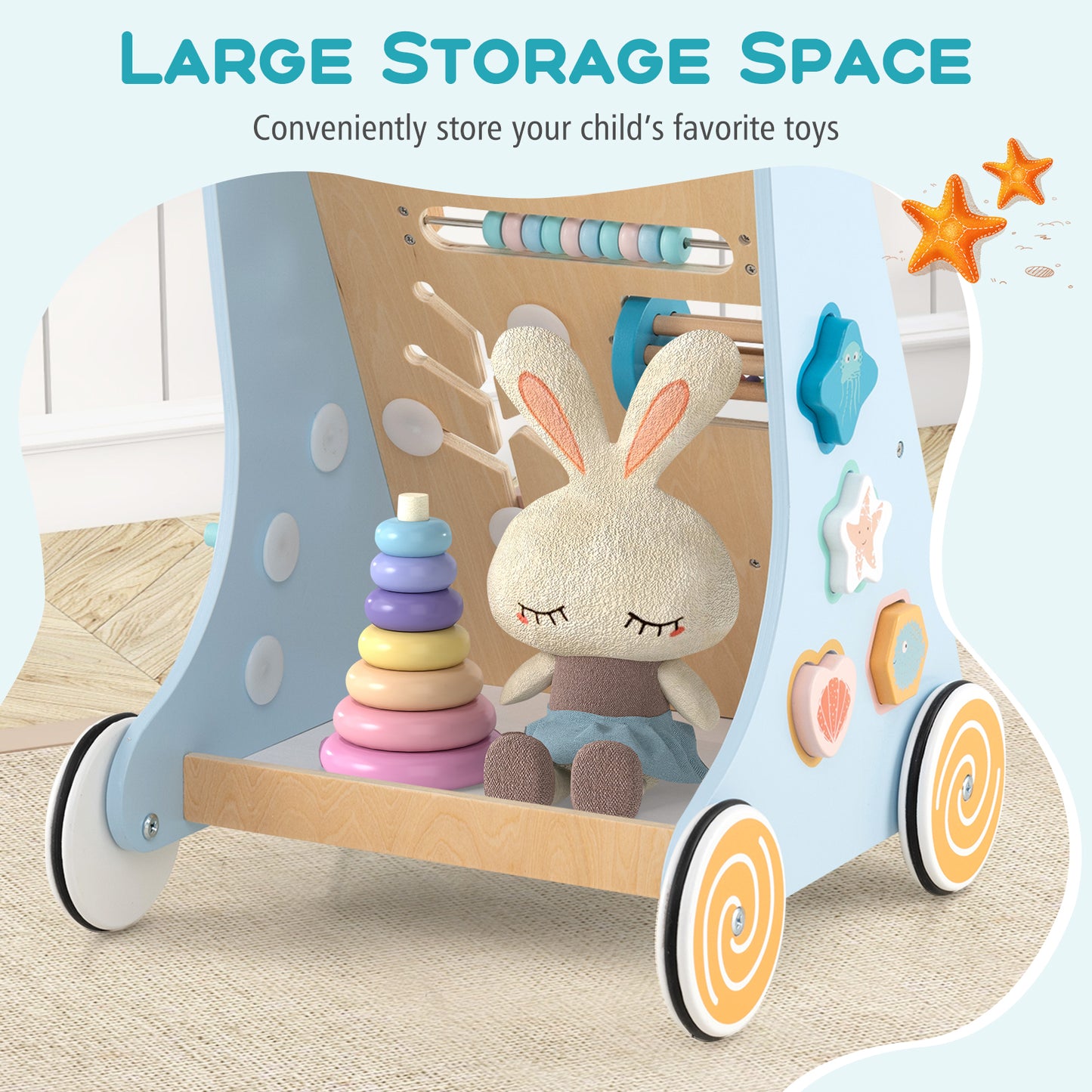 8-In-1 Blue Wooden Baby Walker | Activity Center With Wheels