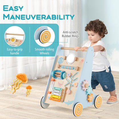 8-In-1 Blue Wooden Baby Walker | Activity Center With Wheels