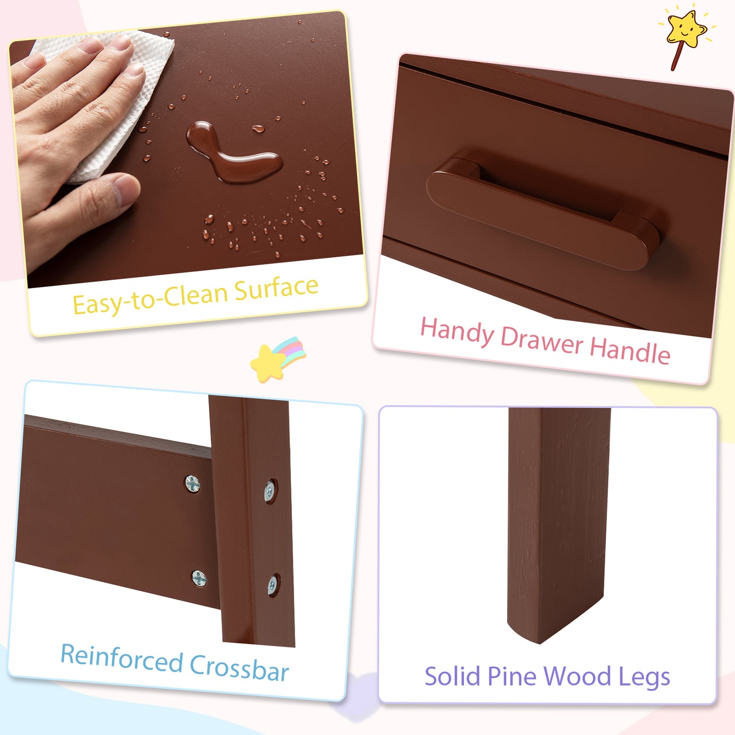 Kids Wooden Desk Chair Set | Storage Drawer Hutch | Brown