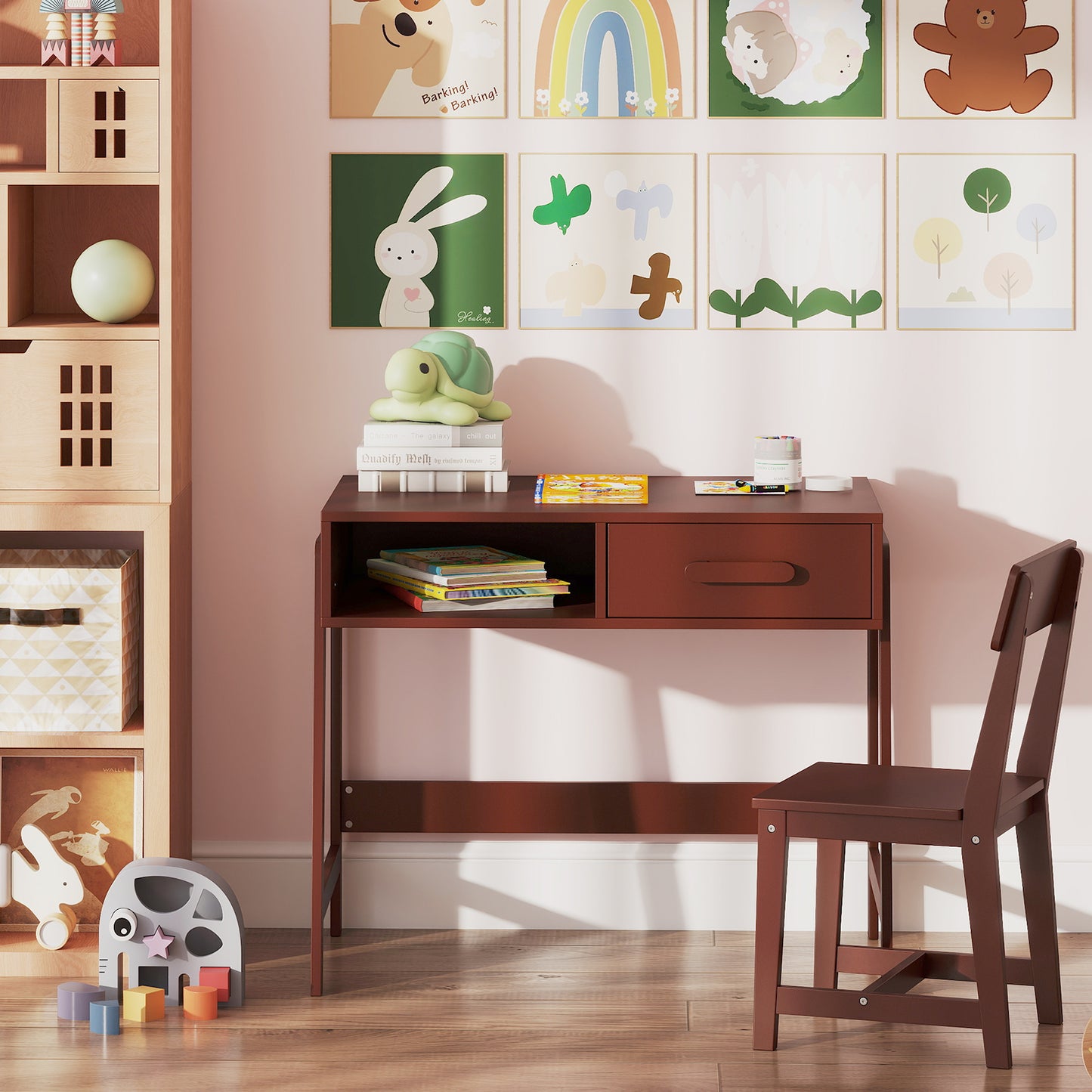Kids Wooden Desk Chair Set | Storage Drawer Hutch | Brown