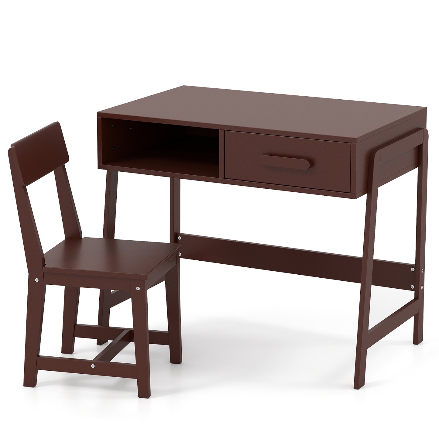 Kids Wooden Desk Chair Set | Storage Drawer Hutch | Brown