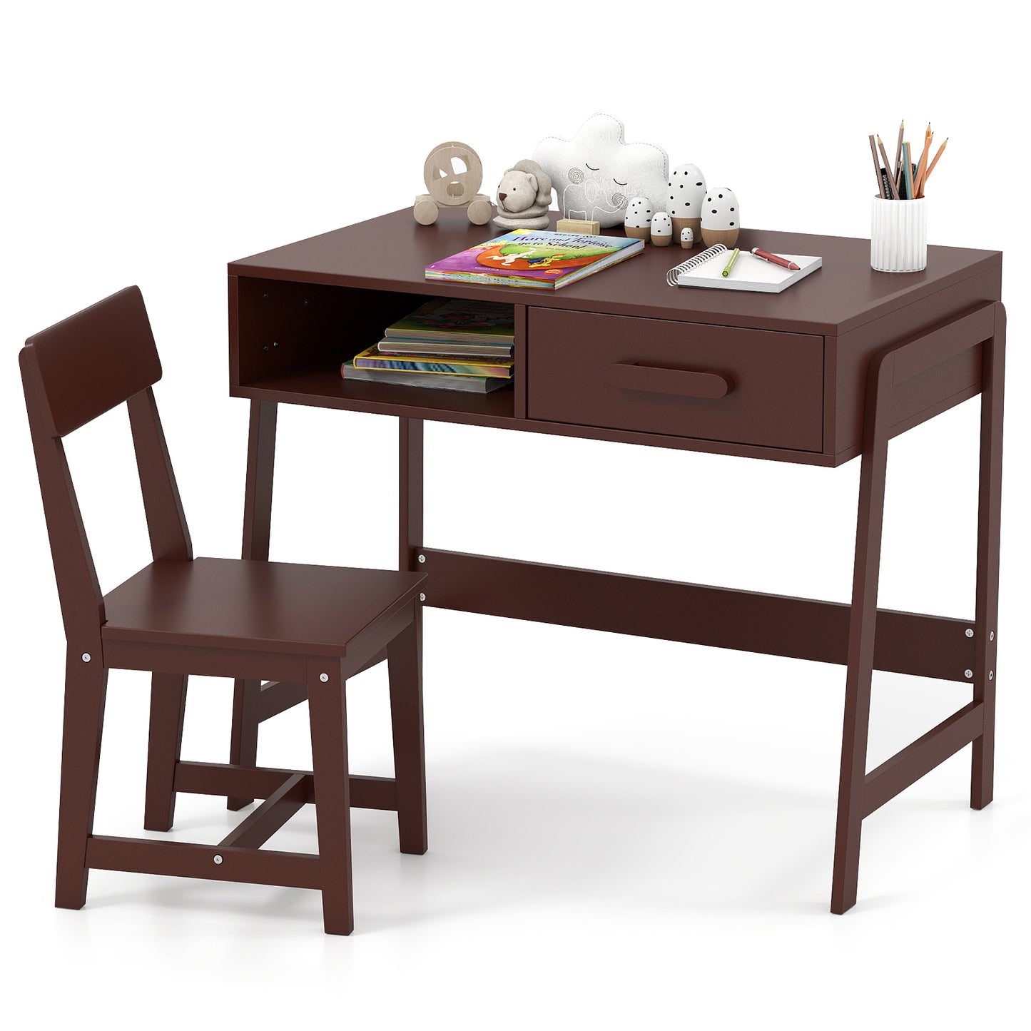 Kids Wooden Desk Chair Set | Storage Drawer Hutch | Brown