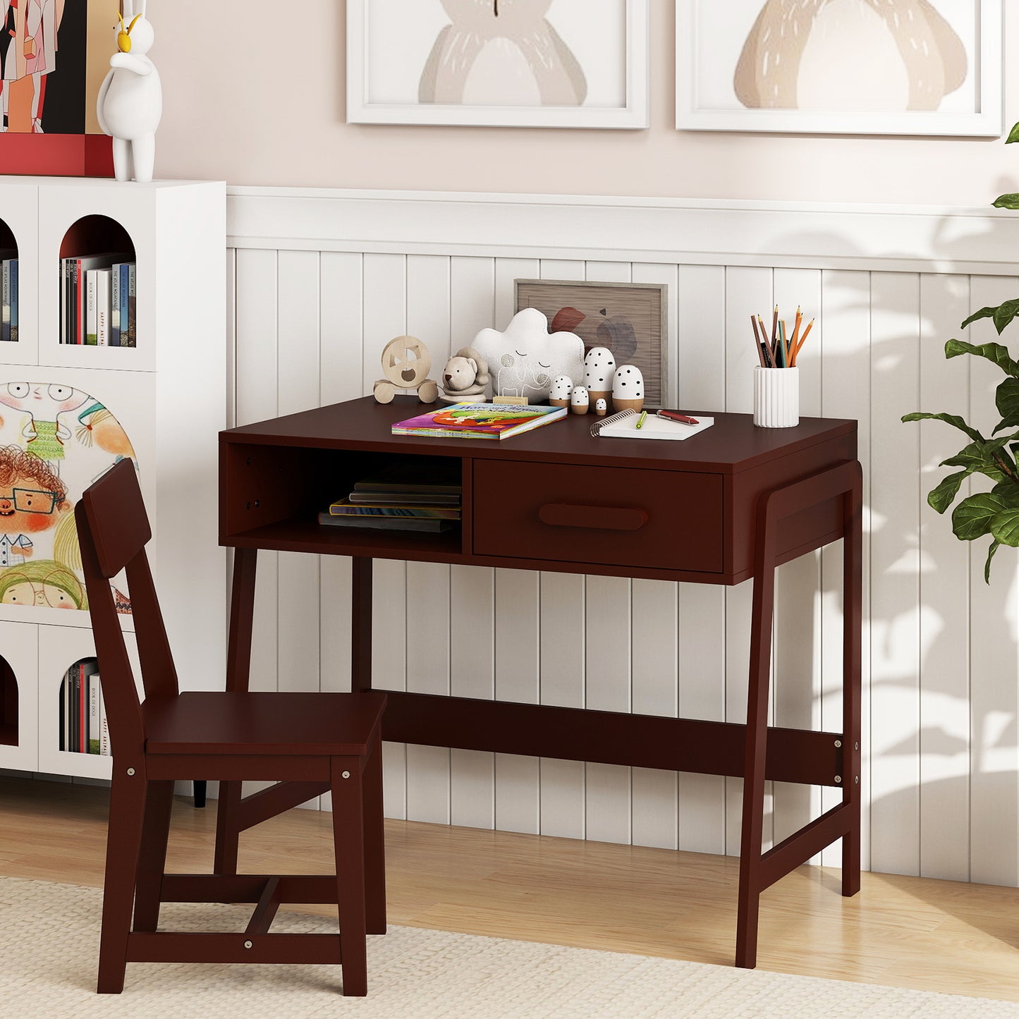 Kids Wooden Desk Chair Set | Storage Drawer Hutch | Brown