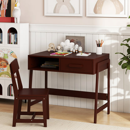 Kids Wooden Desk Chair Set | Storage Drawer Hutch | Brown