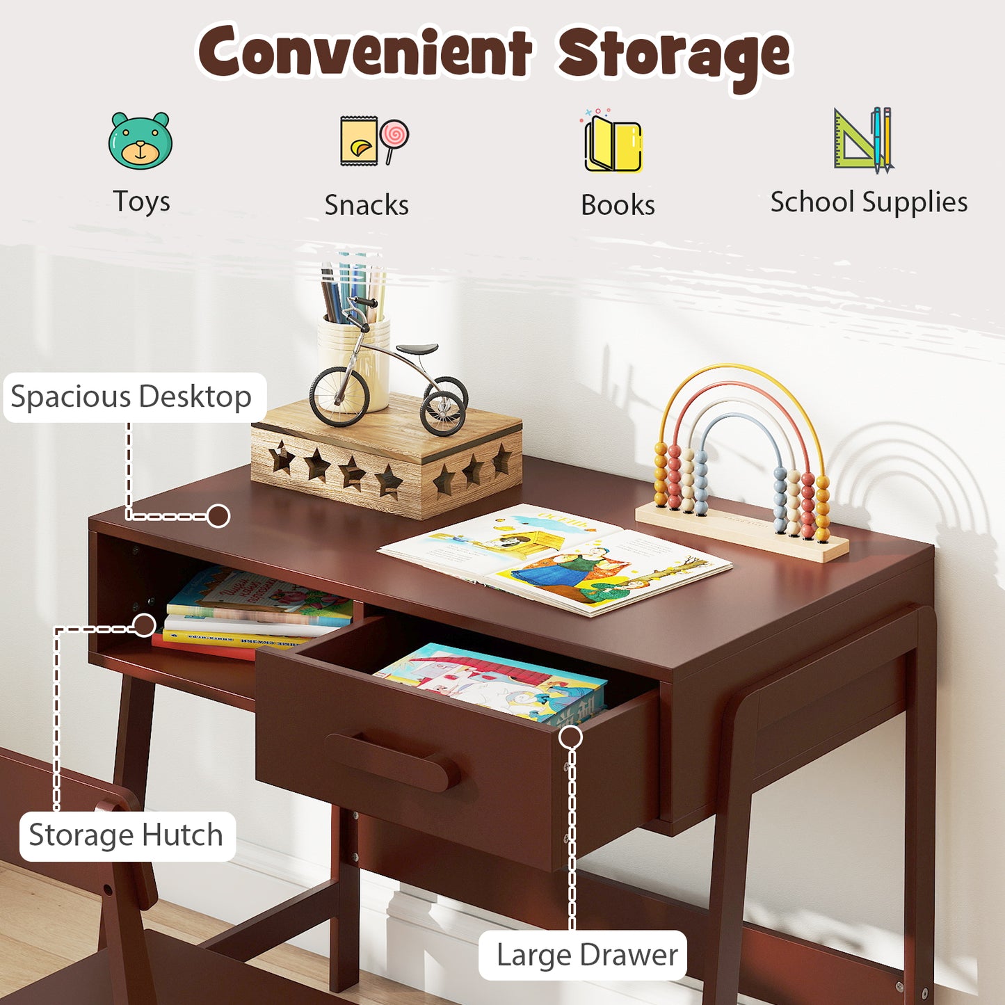 Kids Wooden Desk Chair Set | Storage Drawer Hutch | Brown