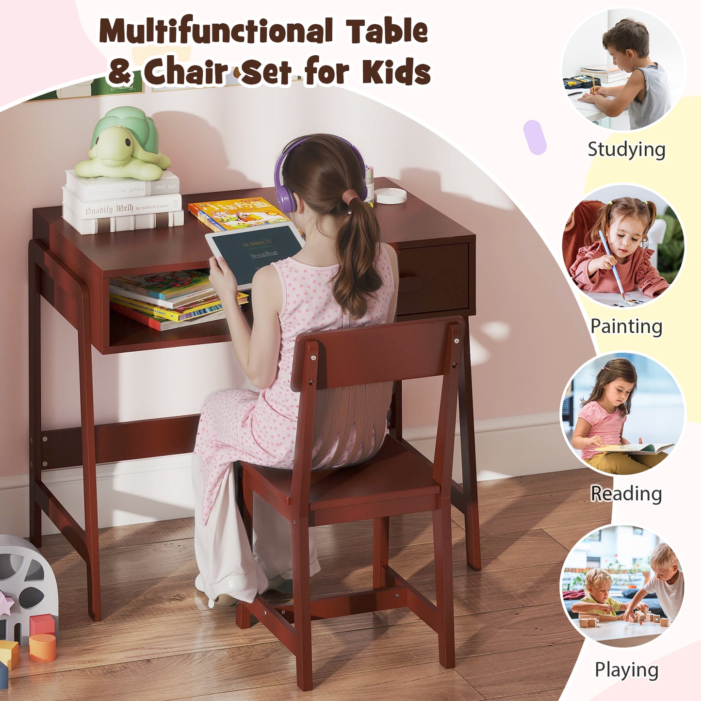Kids Wooden Desk Chair Set | Storage Drawer Hutch | Brown