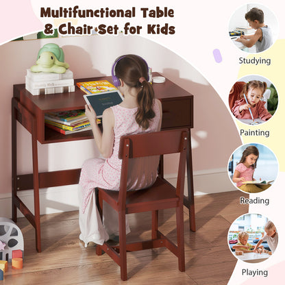 Kids Wooden Desk Chair Set | Storage Drawer Hutch | Brown