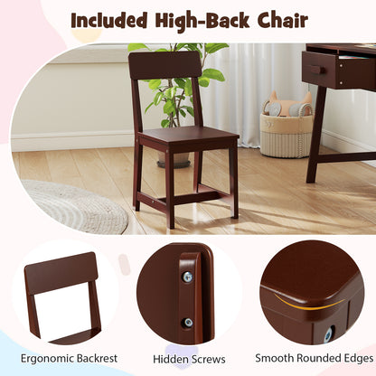 Kids Wooden Desk Chair Set | Storage Drawer Hutch | Brown