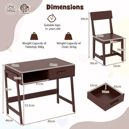 Kids Wooden Desk Chair Set | Storage Drawer Hutch | Brown