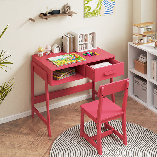 Wooden Children Study Table and Chair Set with Storage Drawer and Hutch-Pink