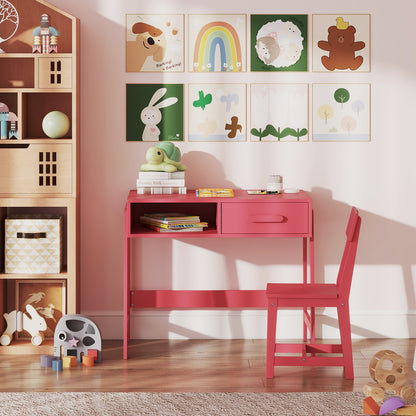 Wooden Kids Desk Chair Set | Storage Drawer Hutch | Pink