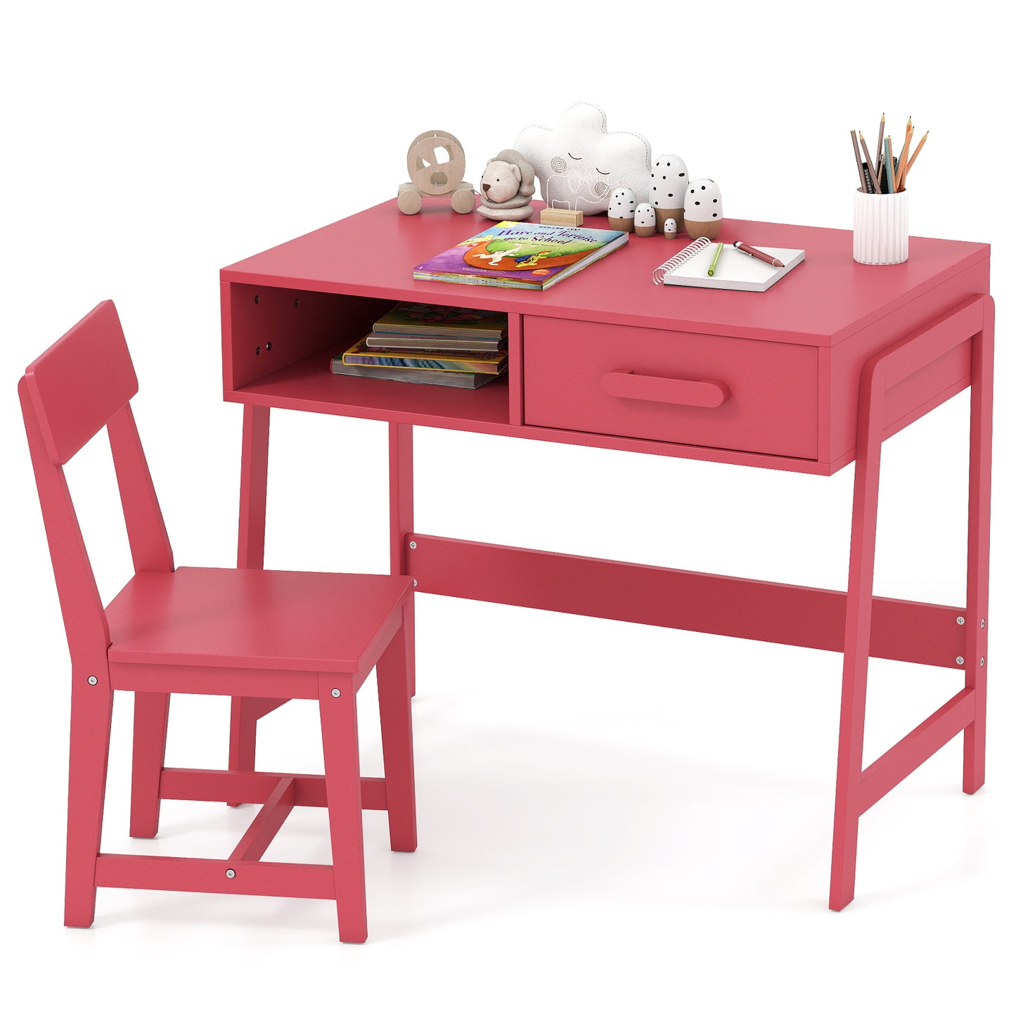 Wooden Kids Desk Chair Set | Storage Drawer Hutch | Pink