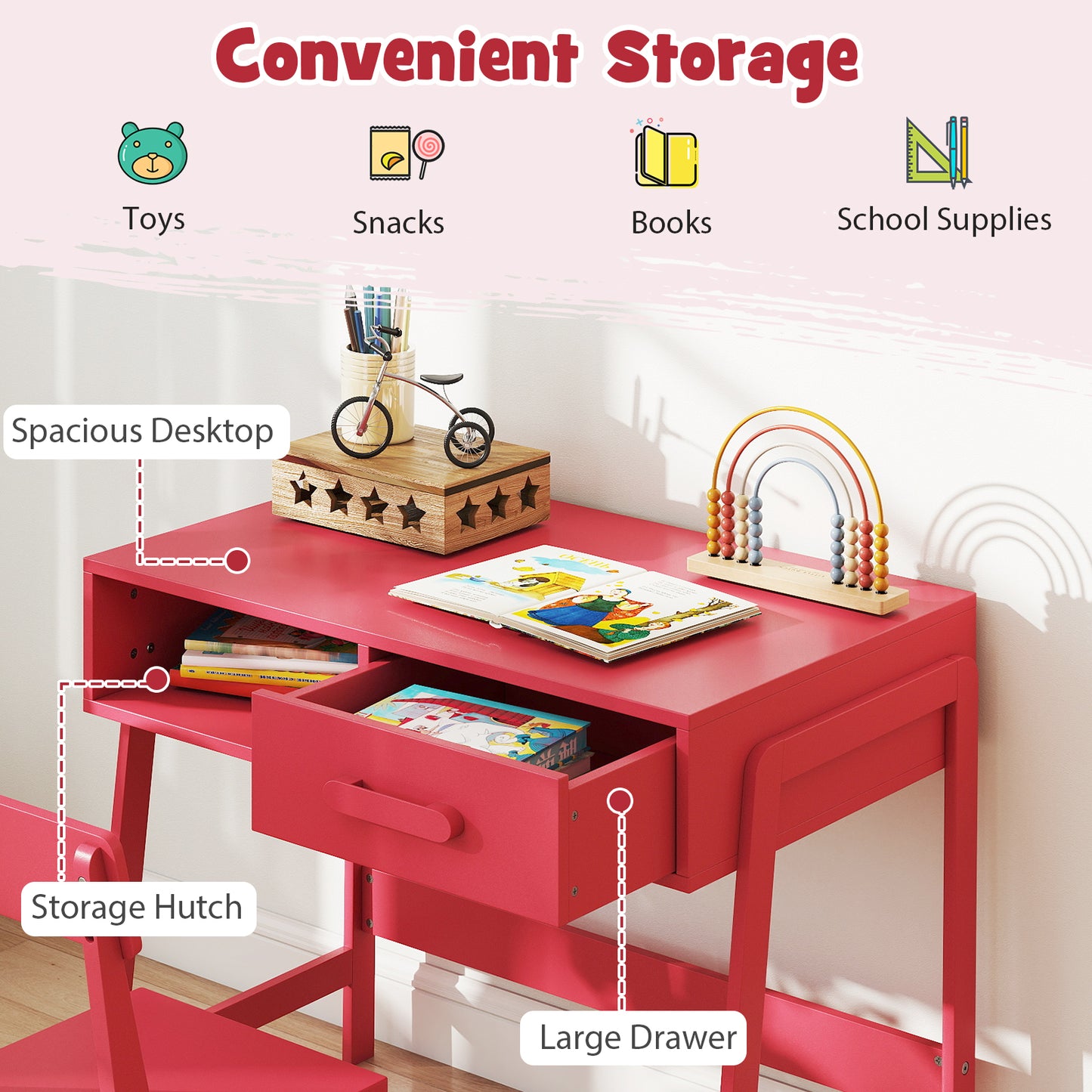 Wooden Kids Desk Chair Set | Storage Drawer Hutch | Pink