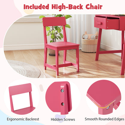 Wooden Kids Desk Chair Set | Storage Drawer Hutch | Pink