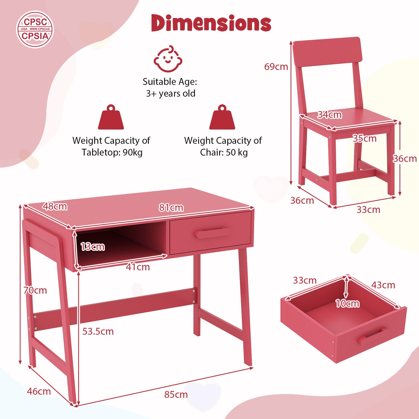 Wooden Kids Desk Chair Set | Storage Drawer Hutch | Pink