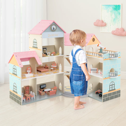Wooden Corner Dollhouse Playset with 34 Pieces of Furniture and Accessories-Light Pink