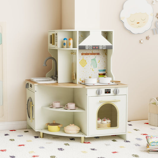 Wooden Corner Kitchen Playset with Working Faucet and Realist Sound-Beige