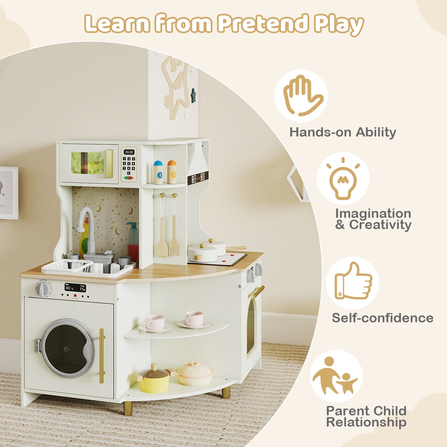 Beige Corner Kitchen Playset | Water Cycle & LED Stove Sounds