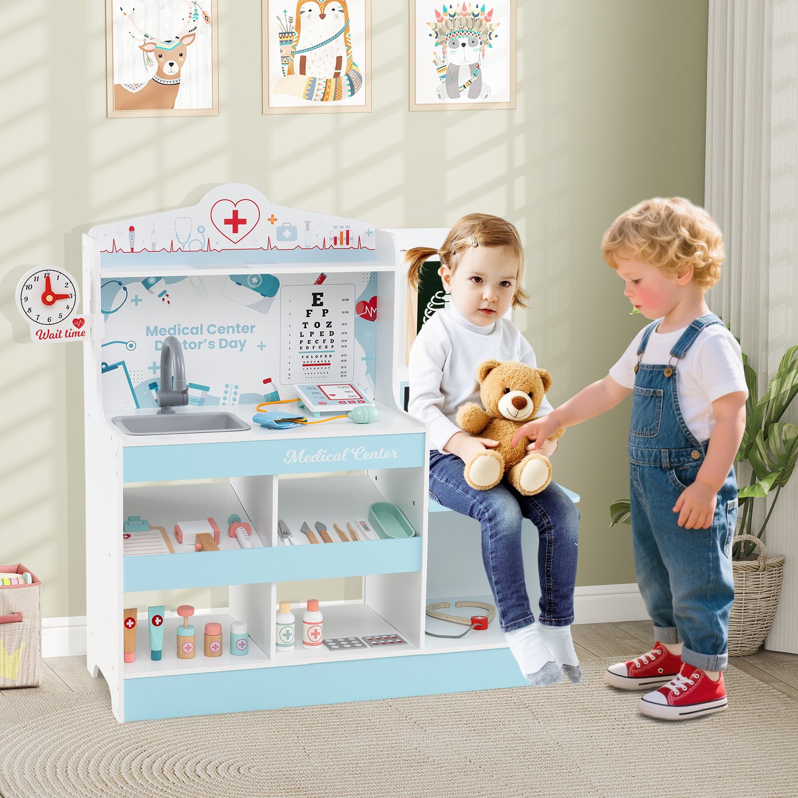 Wooden Doctor Play Set with 24 Pieces Toy Accessories for Kids-Blue